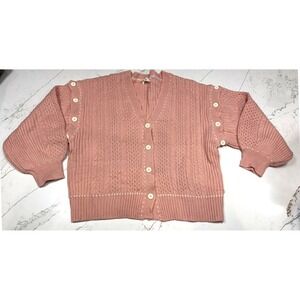 Pink Cable Knit Button Up Cardigan Sweater Size S Removeable Puff Sleeves